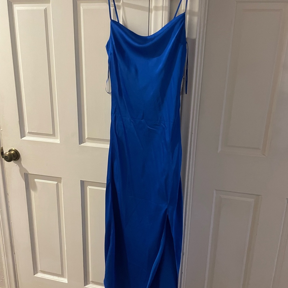 Express Blue Slip Dress with Slit and Cowl Neck for Wedding Guest